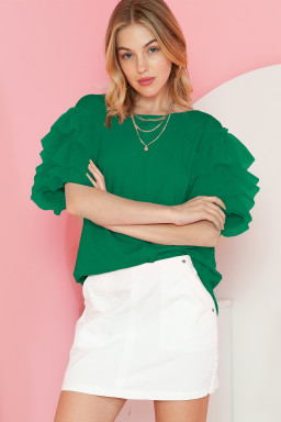 Dark Green Plain Tulle Round Neck Ruffle Sleeve Blouse