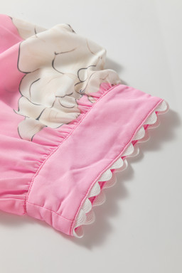 Rose Floral Print Ric Rac Trim Puff Sleeve Button Up Shirt