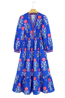 Blue Floral Print Pop of Color Neckline Long Sleeve Midi Dress