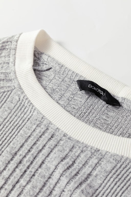 Gray Rib Texture Contrast Trim Round Neck Long Sleeve Top