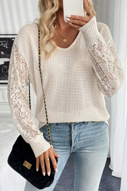Beige Waffle V Neck Patchwork Lace Sheer Long Sleeve Top