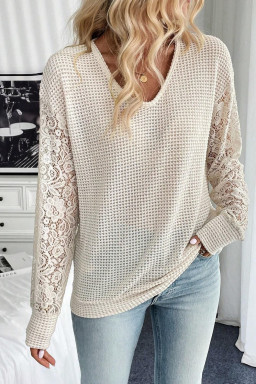Beige Waffle V Neck Patchwork Lace Sheer Long Sleeve Top