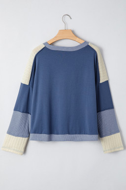 Dark Blue Knitted Colorblock Patchwork Star Patched Long Sleeve Top