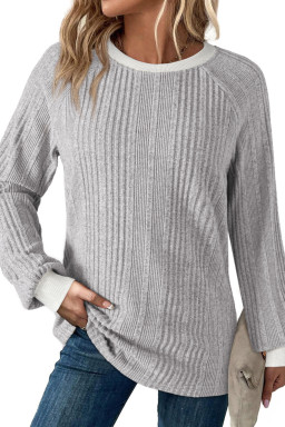 Gray Rib Texture Contrast Trim Round Neck Long Sleeve Top