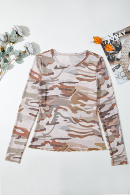 Green Camouflage Print Slim Fit Long Sleeve Top