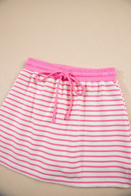 Pink Stripe Collared V Neck Drop Shoulder Pullover and Skirt Set