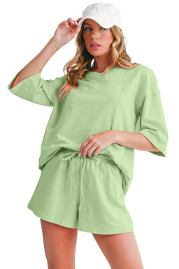 Meadow Mist Green Loose V Neck Tee and Drawstring Shorts Set