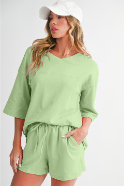 Meadow Mist Green Loose V Neck Tee and Drawstring Shorts Set