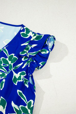 Blue V Neck Floral Print Ruffle Short Sleeve Blouse