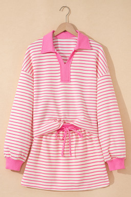 Pink Stripe Collared V Neck Drop Shoulder Pullover and Skirt Set