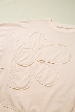 Beige Raw Edge Flower Patch Drop Shoulder Long Sleeve Top