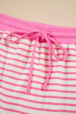 Pink Stripe Collared V Neck Drop Shoulder Pullover and Skirt Set