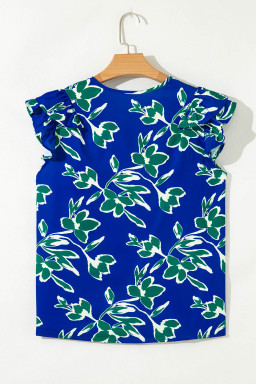 Blue V Neck Floral Print Ruffle Short Sleeve Blouse
