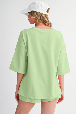 Meadow Mist Green Loose V Neck Tee and Drawstring Shorts Set