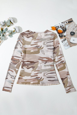 Green Camouflage Print Slim Fit Long Sleeve Top