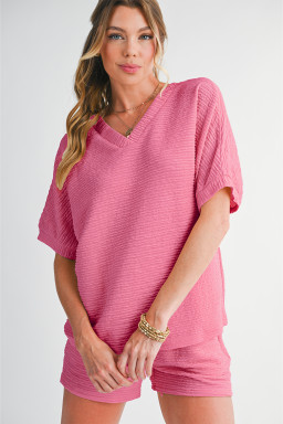Pink Textured V Neck T Shirt and Shorts Set