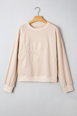 Beige Raw Edge Flower Patch Drop Shoulder Long Sleeve Top