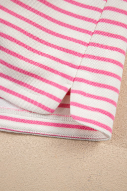 Pink Stripe Collared V Neck Drop Shoulder Pullover and Skirt Set