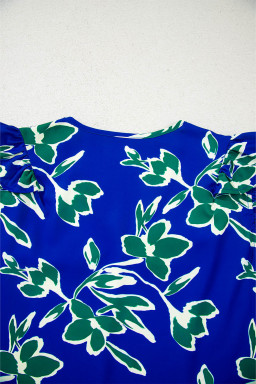 Blue V Neck Floral Print Ruffle Short Sleeve Blouse