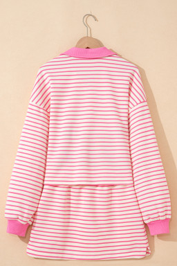 Pink Stripe Collared V Neck Drop Shoulder Pullover and Skirt Set