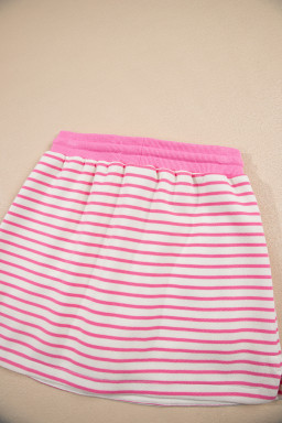 Pink Stripe Collared V Neck Drop Shoulder Pullover and Skirt Set