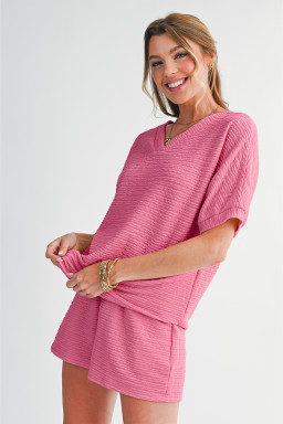 Pink Textured V Neck T Shirt and Shorts Set