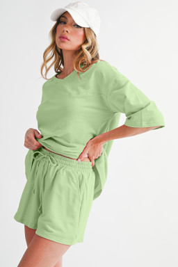 Meadow Mist Green Loose V Neck Tee and Drawstring Shorts Set