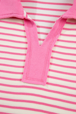 Pink Stripe Collared V Neck Drop Shoulder Pullover and Skirt Set