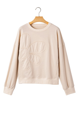 Beige Raw Edge Flower Patch Drop Shoulder Long Sleeve Top