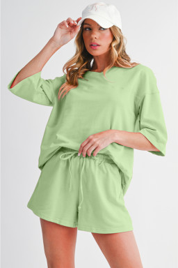 Meadow Mist Green Loose V Neck Tee and Drawstring Shorts Set