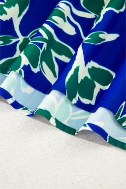 Blue V Neck Floral Print Ruffle Short Sleeve Blouse