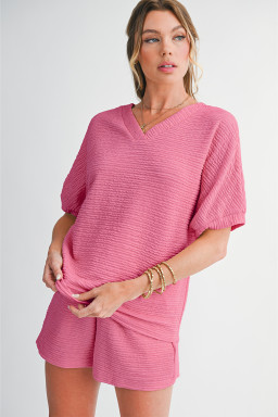 Pink Textured V Neck T Shirt and Shorts Set