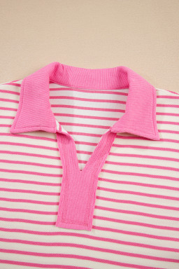 Pink Stripe Collared V Neck Drop Shoulder Pullover and Skirt Set