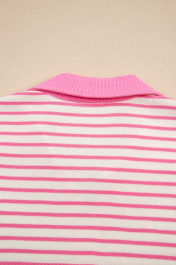 Pink Stripe Collared V Neck Drop Shoulder Pullover and Skirt Set