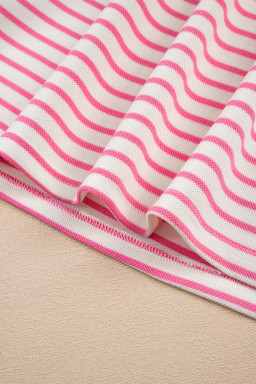 Pink Stripe Collared V Neck Drop Shoulder Pullover and Skirt Set