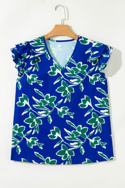 Blue V Neck Floral Print Ruffle Short Sleeve Blouse