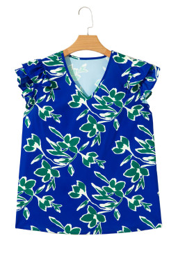 Blue V Neck Floral Print Ruffle Short Sleeve Blouse