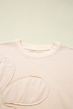 Beige Raw Edge Flower Patch Drop Shoulder Long Sleeve Top