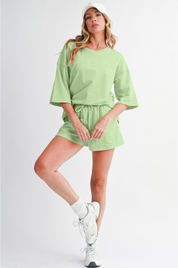 Meadow Mist Green Loose V Neck Tee and Drawstring Shorts Set