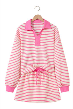 Pink Stripe Collared V Neck Drop Shoulder Pullover and Skirt Set