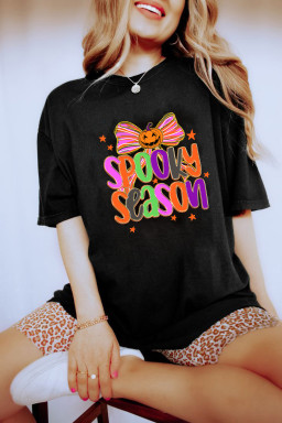 Black SPOOKY SEASON Halloween Pumpkin Bow Heat Transfer Printing T Shirt