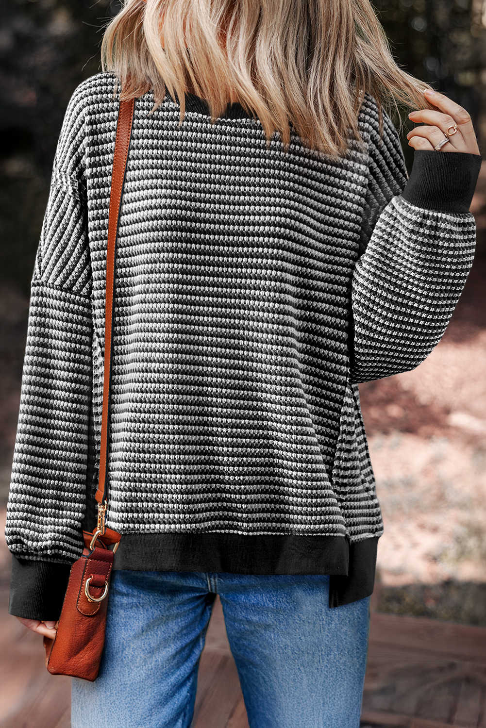 Black Stripe Ribbed Trim Drop Shoulder Long Sleeve Oversized Top