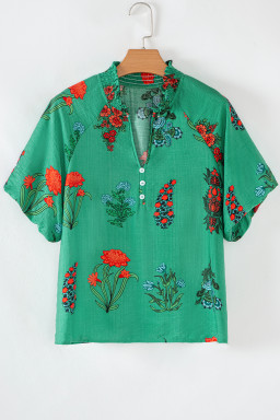 Bright Green Floral Button V-Neck Blouse