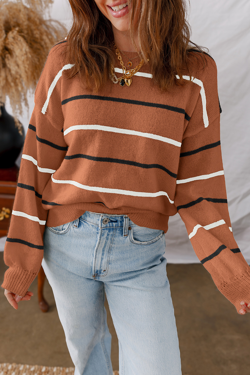 Brown Striped Ribbed Edge Drop Shoulder Sweater