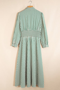Green Striped V Neck Zip Front Cinched High Waist Midi Dress