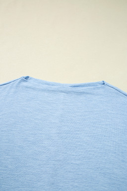 Beau Blue Solid Color Boat Neck Batwing Long Sleeve Top
