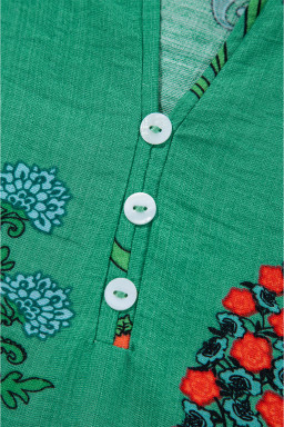 Bright Green Floral Button V-Neck Blouse