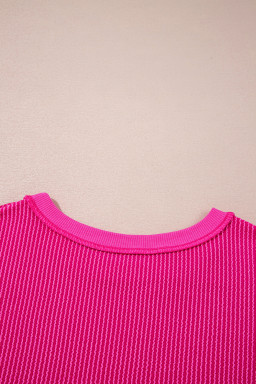 Strawberry Pink Twisted Ribbed Seamed Patchwork Long Sleeve Top