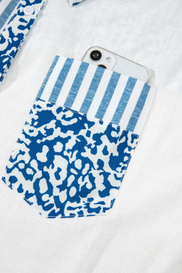 Sky Blue Leopard Striped Patchwork Button-up Shirt Shacket