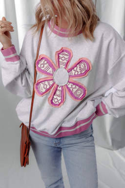 Gray Flower Patch Contrast Trim Crew Neck Sweatshirt